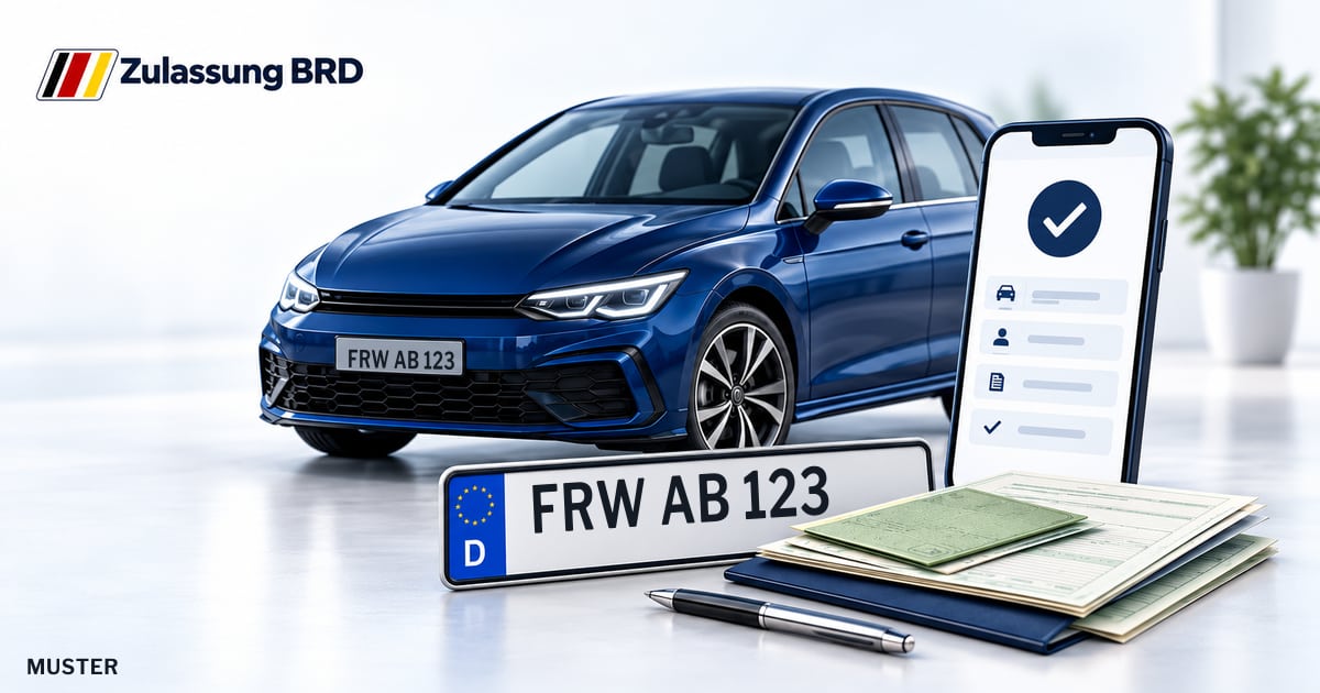 Online Fahrzeugzulassung in Rüdersdorf bei Berlin: Musterkennzeichen FRW AB 123, Auto und Fahrzeugpapiere und Smartphone. Illustration mit Logo von Zulassung BRD.